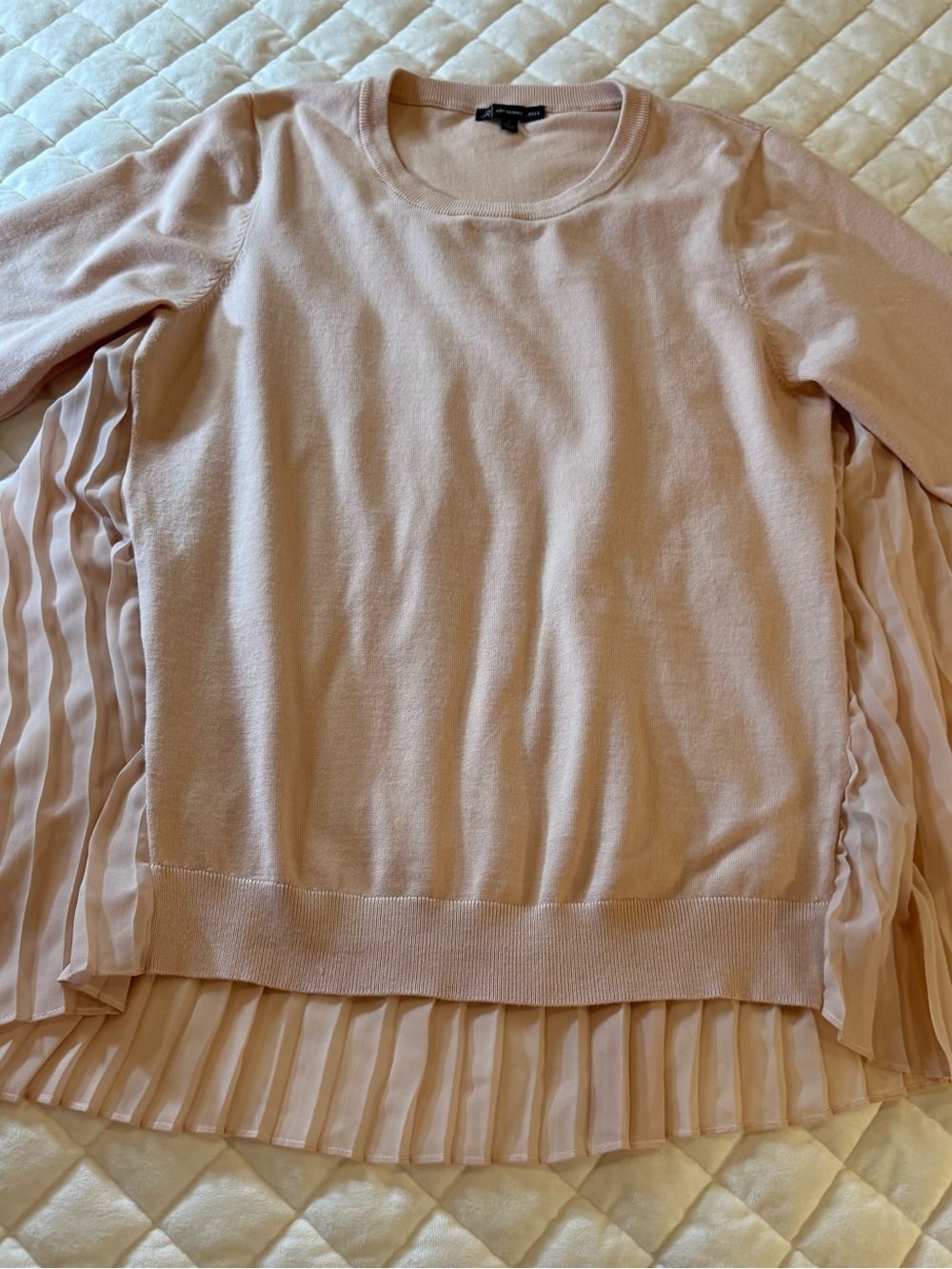 Adrianna Papell Mixed Media Pleated Hem Sweater Tunic Blush Pink Crew Neck Knit